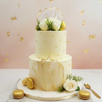 White And Gold Wedding Or Engagement Cake